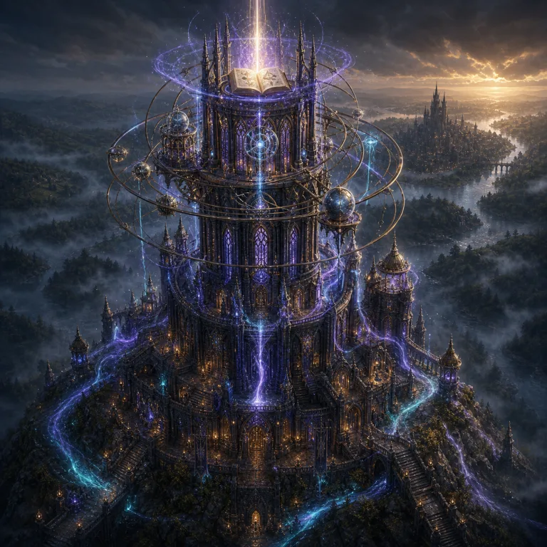 An arcane tower crowned by an open tome
