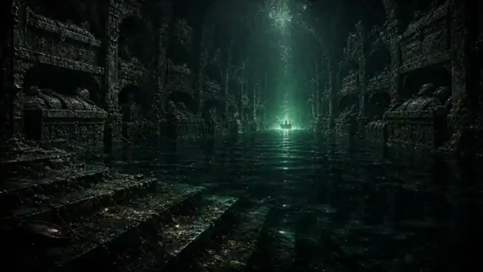 A drowned crypt, green light far below